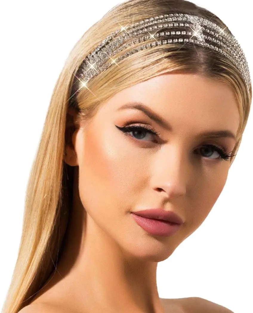 Jeairts Rhinestone Head Chain Forehead Bridal Headband Elastic Crystal Hair Band Halloween Prom Hair Jewelry for Women