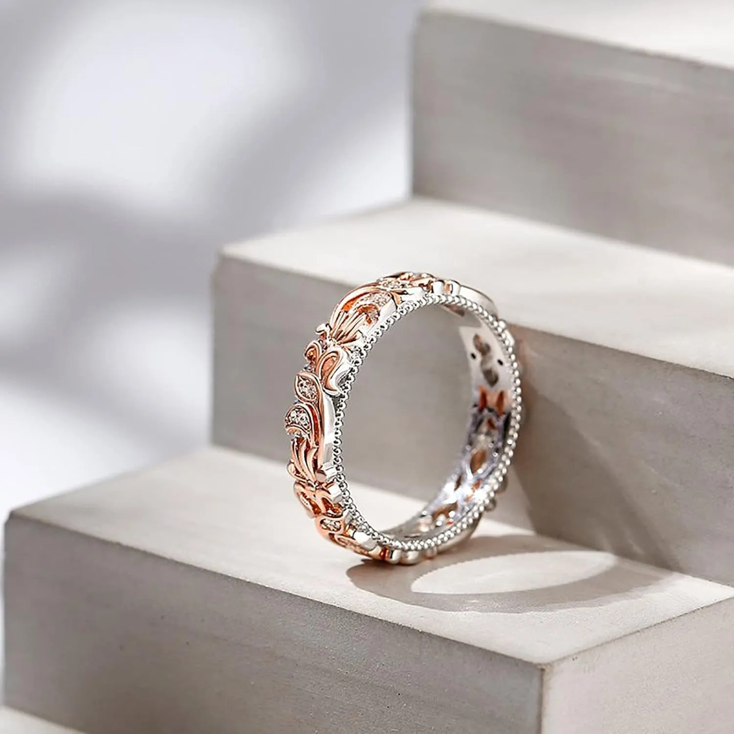 Jeulia Floral Ring Band Sterling Silver Two Tone Leaf Carved Vintage Unique Hollow Flower Rose Gold Jewelry Engagement Wedding Bridal Sets Stackable Anniversary Promise with Gift Box