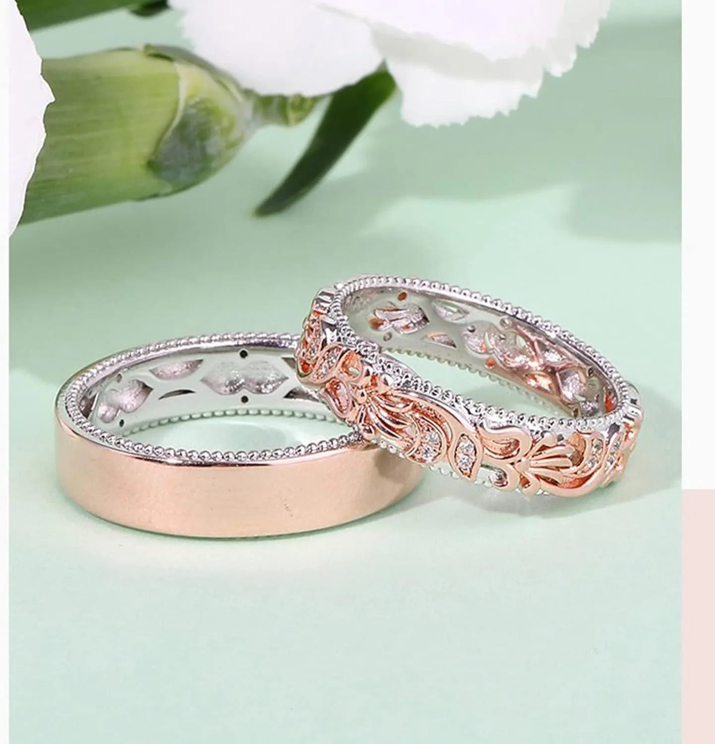 Jeulia Floral Ring Band Sterling Silver Two Tone Leaf Carved Vintage Unique Hollow Flower Rose Gold Jewelry Engagement Wedding Bridal Sets Stackable Anniversary Promise with Gift Box