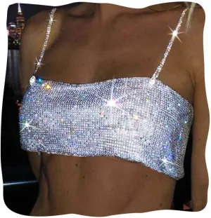 JEWEKY Rhinestone Bra Chain Top Silver Sparkly Backless Chest Chains Rave Party Body Jewelry Accessories for Women