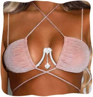 JEWEKY Rhinestone Chest Bracket Chain Silver Sparkly Crystal Heart Pendant Bra Chain Bikini Nightclub Body Chian Jewelry for Women