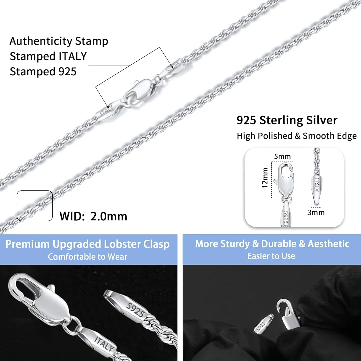 Jewlpire 2MM Italian Luxury Solid 18k Gold Over 925 Sterling Silver Chain Necklace for Women Men, Diamond Cut Rope Chain Sturdy & Comfortable Women's Chain Necklaces, 16 18 20 22 24 26 Inch