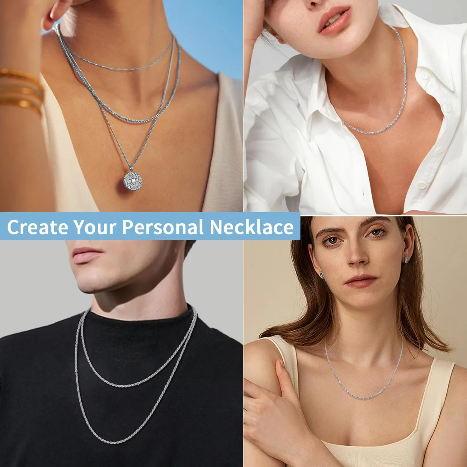 Jewlpire 2MM Italian Luxury Solid 18k Gold Over 925 Sterling Silver Chain Necklace for Women Men, Diamond Cut Rope Chain Sturdy & Comfortable Women's Chain Necklaces, 16 18 20 22 24 26 Inch