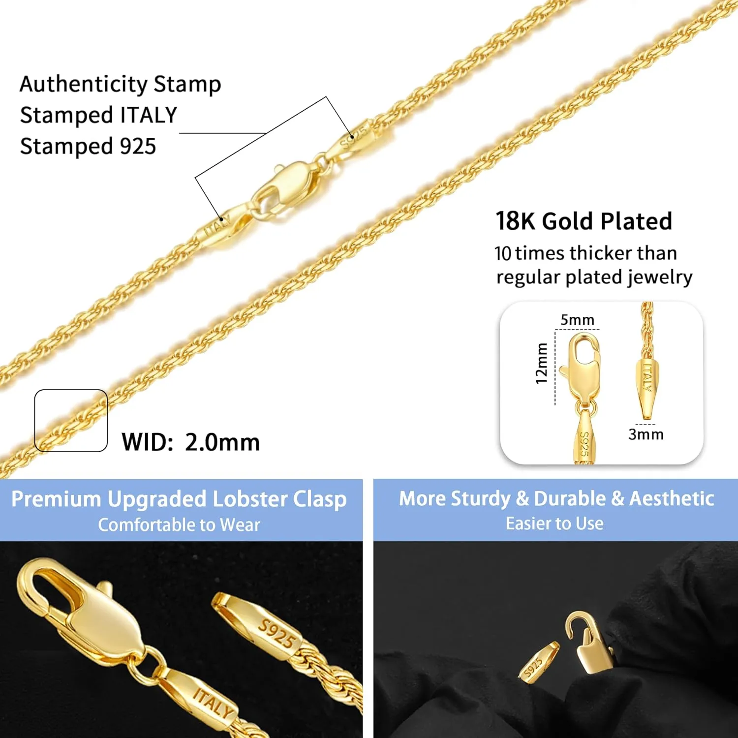 Jewlpire 2MM Italian Luxury Solid 18k Gold Over 925 Sterling Silver Chain Necklace for Women Men, Diamond Cut Rope Chain Sturdy & Comfortable Women's Chain Necklaces, 16 18 20 22 24 26 Inch
