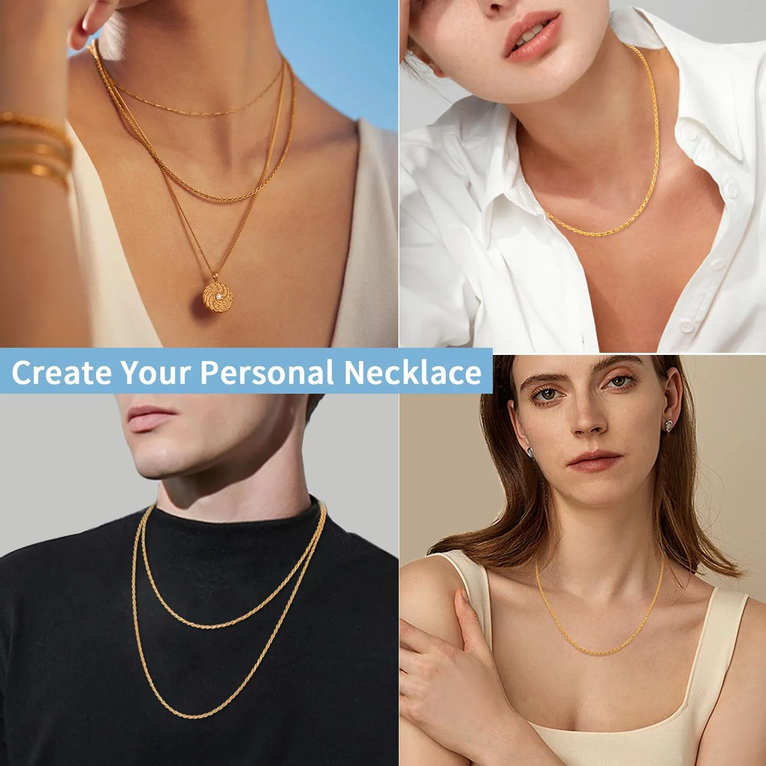 Jewlpire 2MM Italian Luxury Solid 18k Gold Over 925 Sterling Silver Chain Necklace for Women Men, Diamond Cut Rope Chain Sturdy & Comfortable Women's Chain Necklaces, 16 18 20 22 24 26 Inch