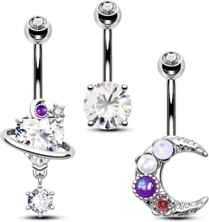 Jewseen 3Pcs Belly Button Ring Surgical Steel Belly Piercing Jewelry 14G Navel Ring Planet Belly Barbell Moon Curved Barbell for Women Men
