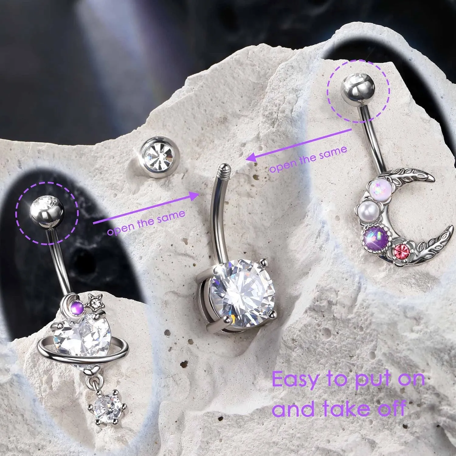 Jewseen 3Pcs Belly Button Ring Surgical Steel Belly Piercing Jewelry 14G Navel Ring Planet Belly Barbell Moon Curved Barbell for Women Men