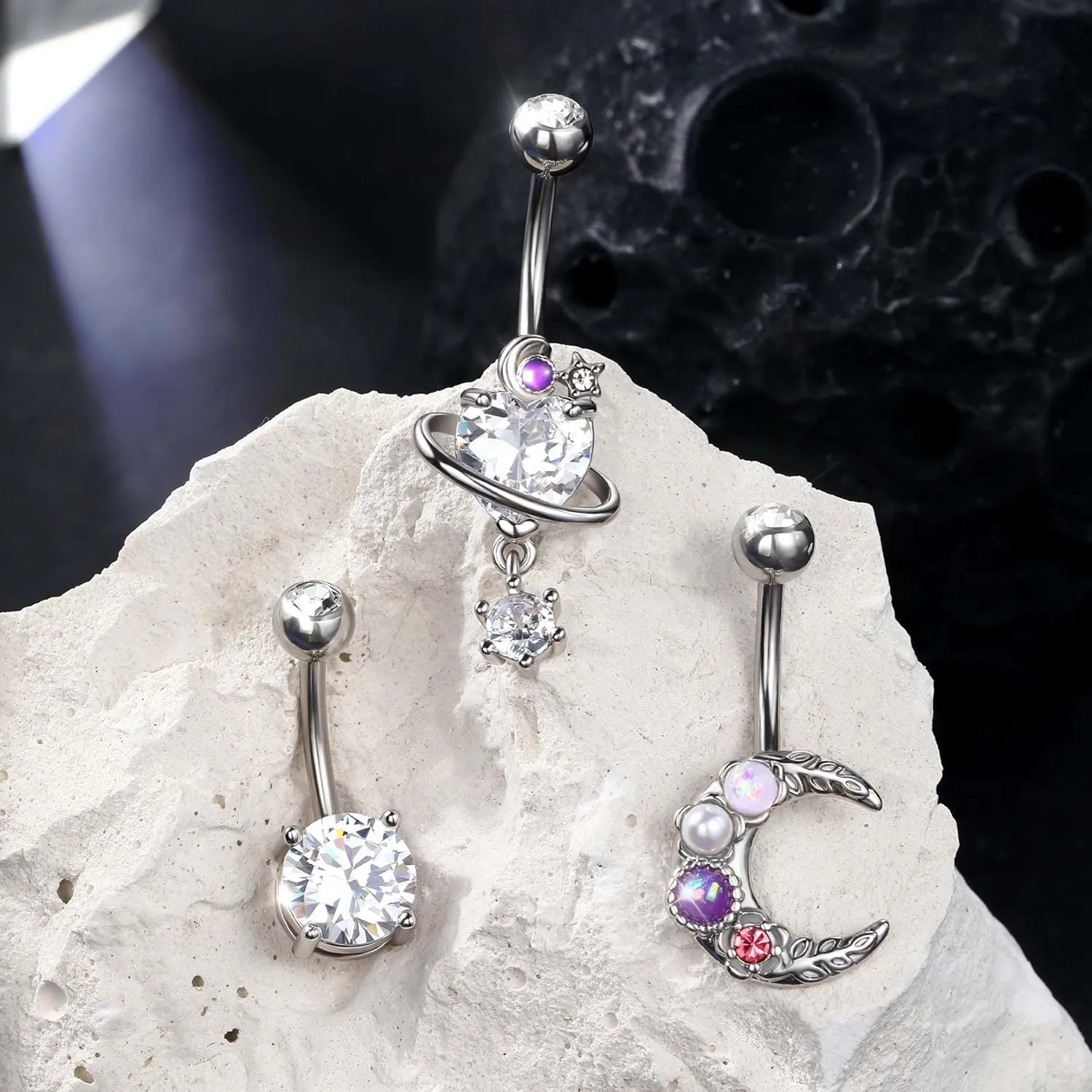 Jewseen 3Pcs Belly Button Ring Surgical Steel Belly Piercing Jewelry 14G Navel Ring Planet Belly Barbell Moon Curved Barbell for Women Men