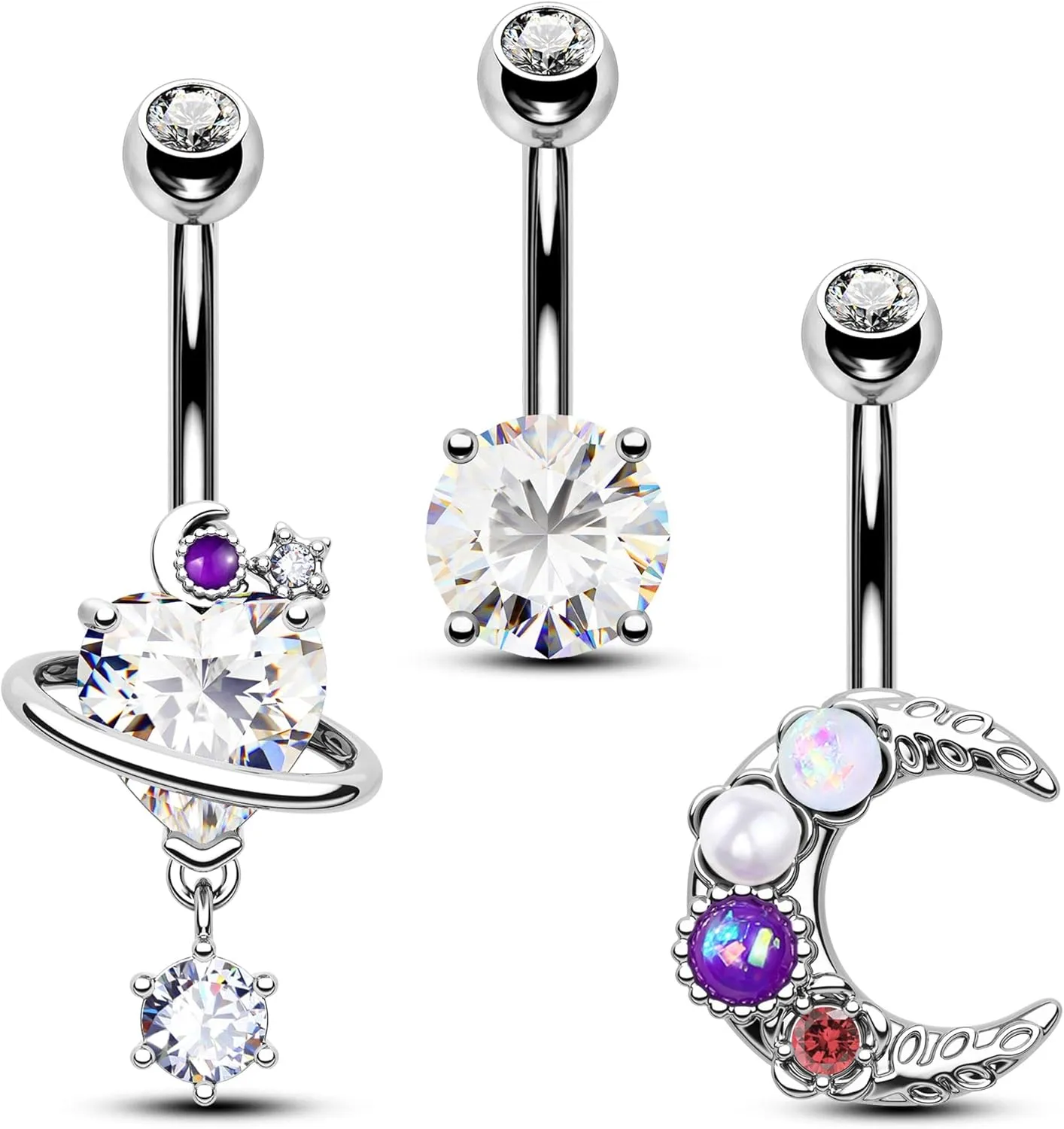 Jewseen 3Pcs Belly Button Ring Surgical Steel Belly Piercing Jewelry 14G Navel Ring Planet Belly Barbell Moon Curved Barbell for Women Men