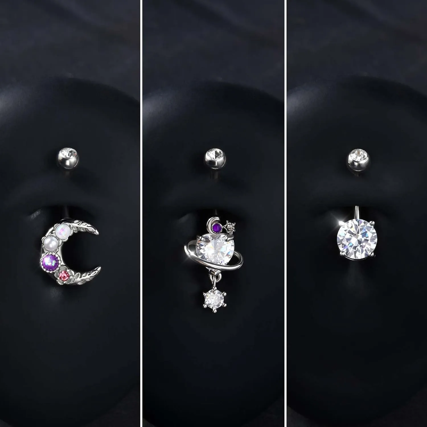 Jewseen 3Pcs Belly Button Ring Surgical Steel Belly Piercing Jewelry 14G Navel Ring Planet Belly Barbell Moon Curved Barbell for Women Men
