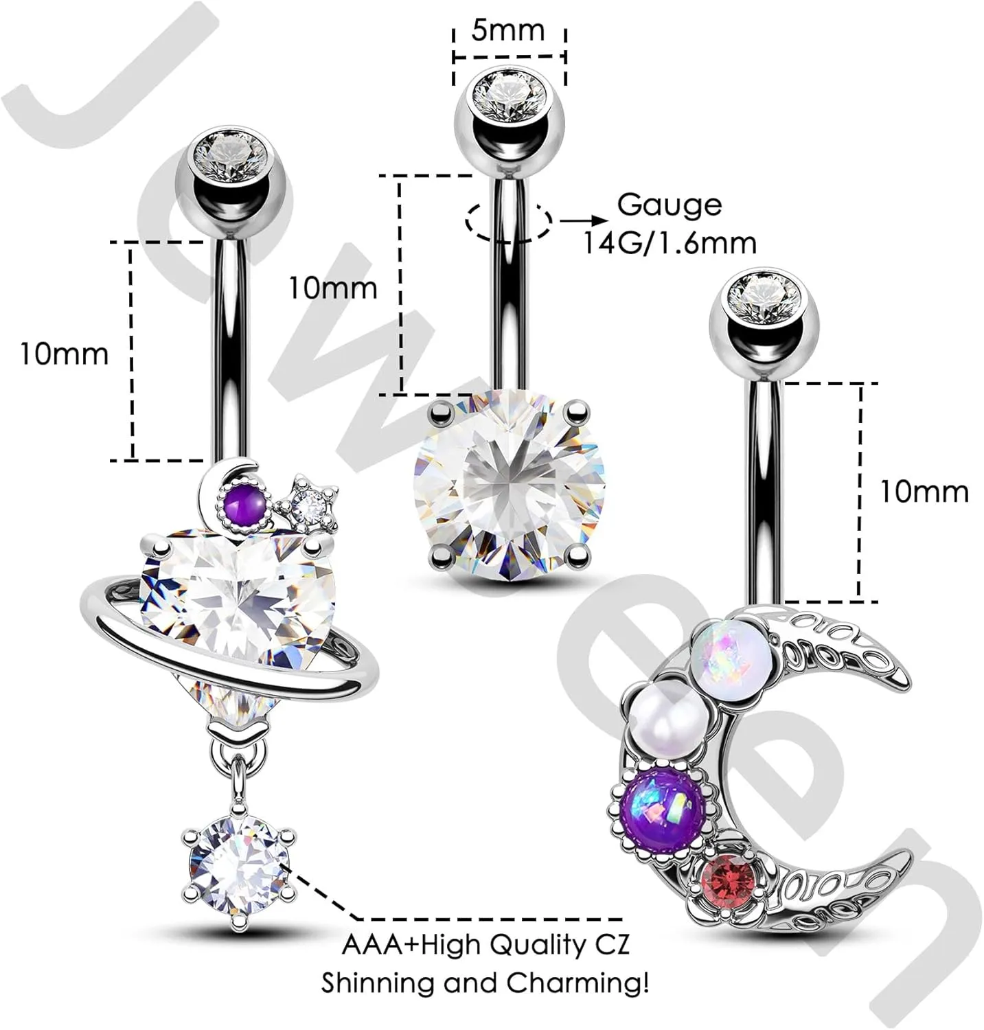 Jewseen 3Pcs Belly Button Ring Surgical Steel Belly Piercing Jewelry 14G Navel Ring Planet Belly Barbell Moon Curved Barbell for Women Men