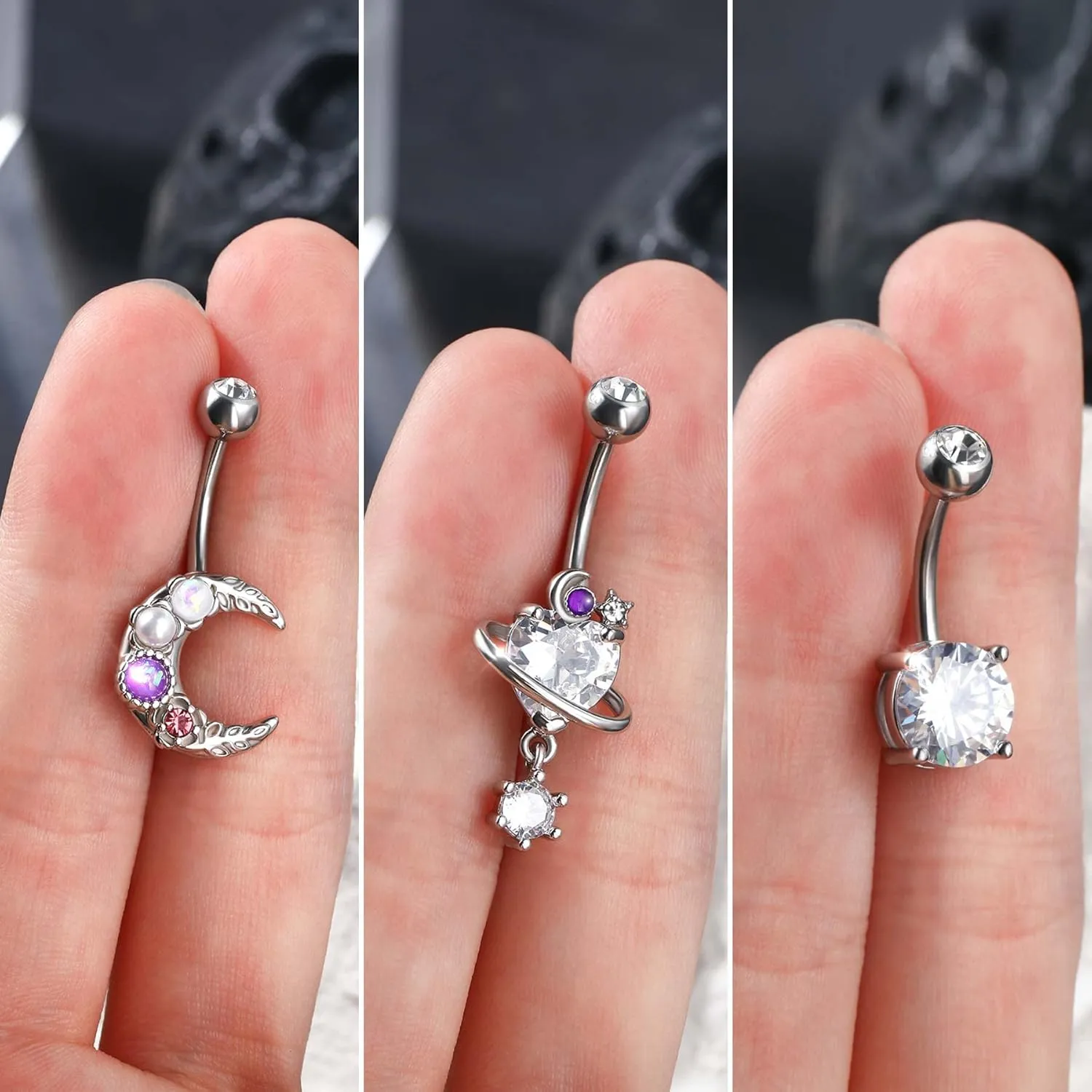 Jewseen 3Pcs Belly Button Ring Surgical Steel Belly Piercing Jewelry 14G Navel Ring Planet Belly Barbell Moon Curved Barbell for Women Men