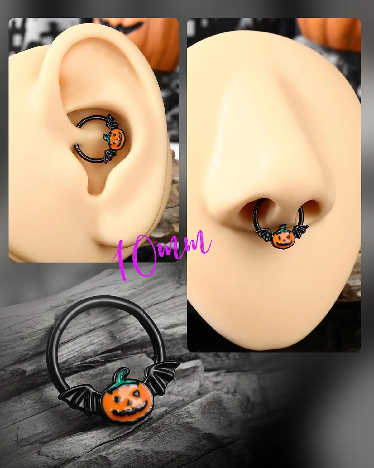Jewseen Halloween Septum Rings Pumpkin Hinged Segment Rings Black Daith Piercing Jewelry Cartilage Hoop Earring Nose Rings Hoops for Women