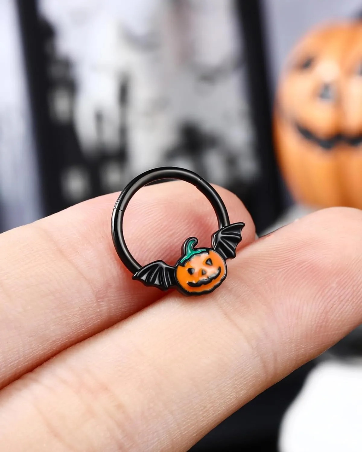 Jewseen Halloween Septum Rings Pumpkin Hinged Segment Rings Black Daith Piercing Jewelry Cartilage Hoop Earring Nose Rings Hoops for Women