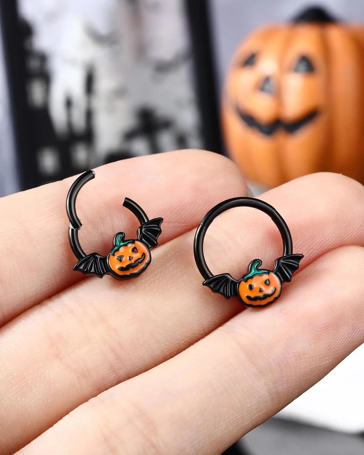 Jewseen Halloween Septum Rings Pumpkin Hinged Segment Rings Black Daith Piercing Jewelry Cartilage Hoop Earring Nose Rings Hoops for Women
