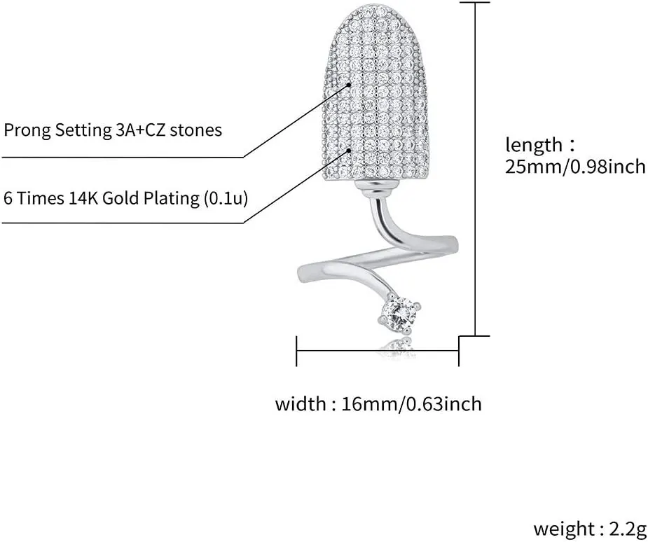 JINAO 14K 6 Times Gold Platinum Plated Full Bling Iced Out CZ Finger Nail Ring for Women Finger Rings for Women Unique Fingernail Protective Nail Cap Cover Ring