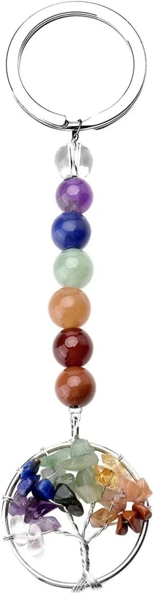 Jovivi 7 Chakra Gemstone Life Tree Pendant Keychain Healing Crystals Tumbled Stone Beads Keyring for Couple Best Friend Family