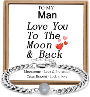 JoycuFF Moonstone Bracelets Fathers Day Birthday Gifts for Men, Cuban Link Chain Gifts for Men, Christmas Valentines Gifts for Dad Husband Man Son Boyfriend