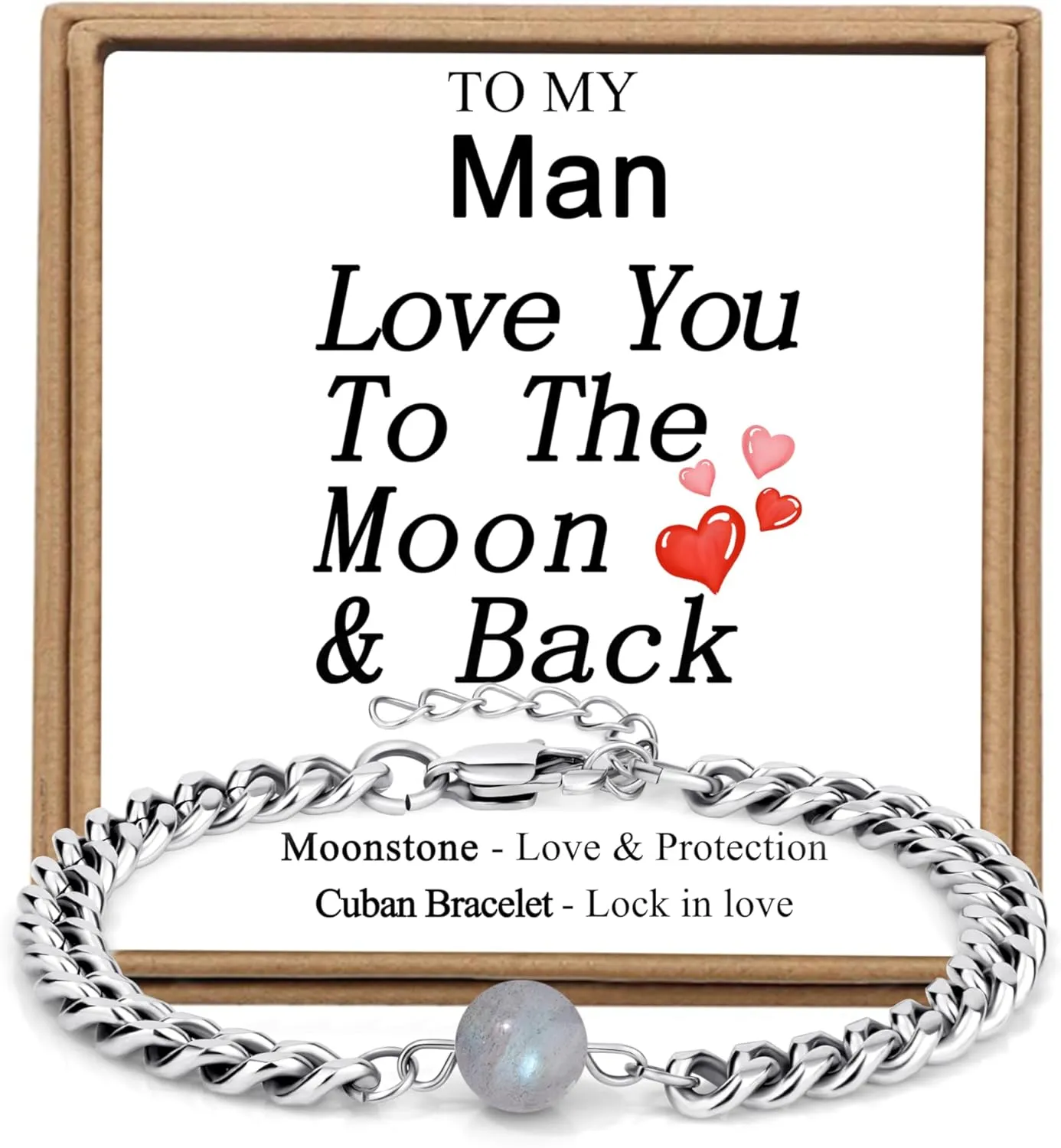 JoycuFF Moonstone Bracelets Fathers Day Birthday Gifts for Men, Cuban Link Chain Gifts for Men, Christmas Valentines Gifts for Dad Husband Man Son Boyfriend