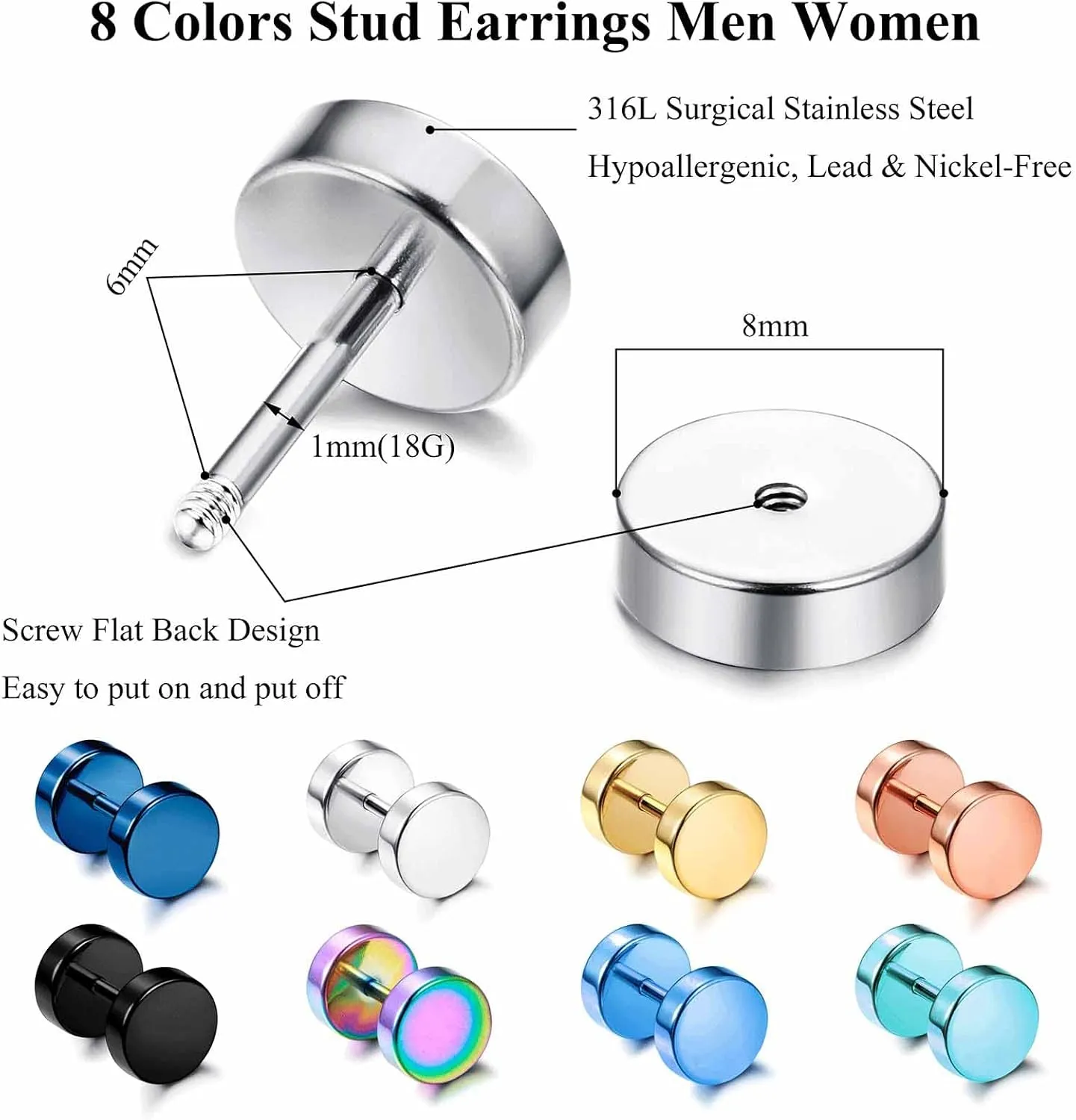 Jstyle 8 Pairs Dot Stud Earrings for Men Women Surgical Steel Screw Flat Back Earrings Multicolor Faux Gauges Ear Plug Tunnel Disc Mens Stud Earrings Piercing Set 4mm/6mm/8mm