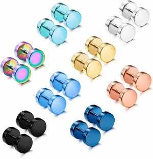 Jstyle 8 Pairs Dot Stud Earrings for Men Women Surgical Steel Screw Flat Back Earrings Multicolor Faux Gauges Ear Plug Tunnel Disc Mens Stud Earrings Piercing Set 4mm/6mm/8mm