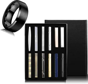 Jstyle Men's Ring and Tie Clips Set Black Size 12 Band Rings & Men Clip Set for Regular Ties Necktie Wedding Business
