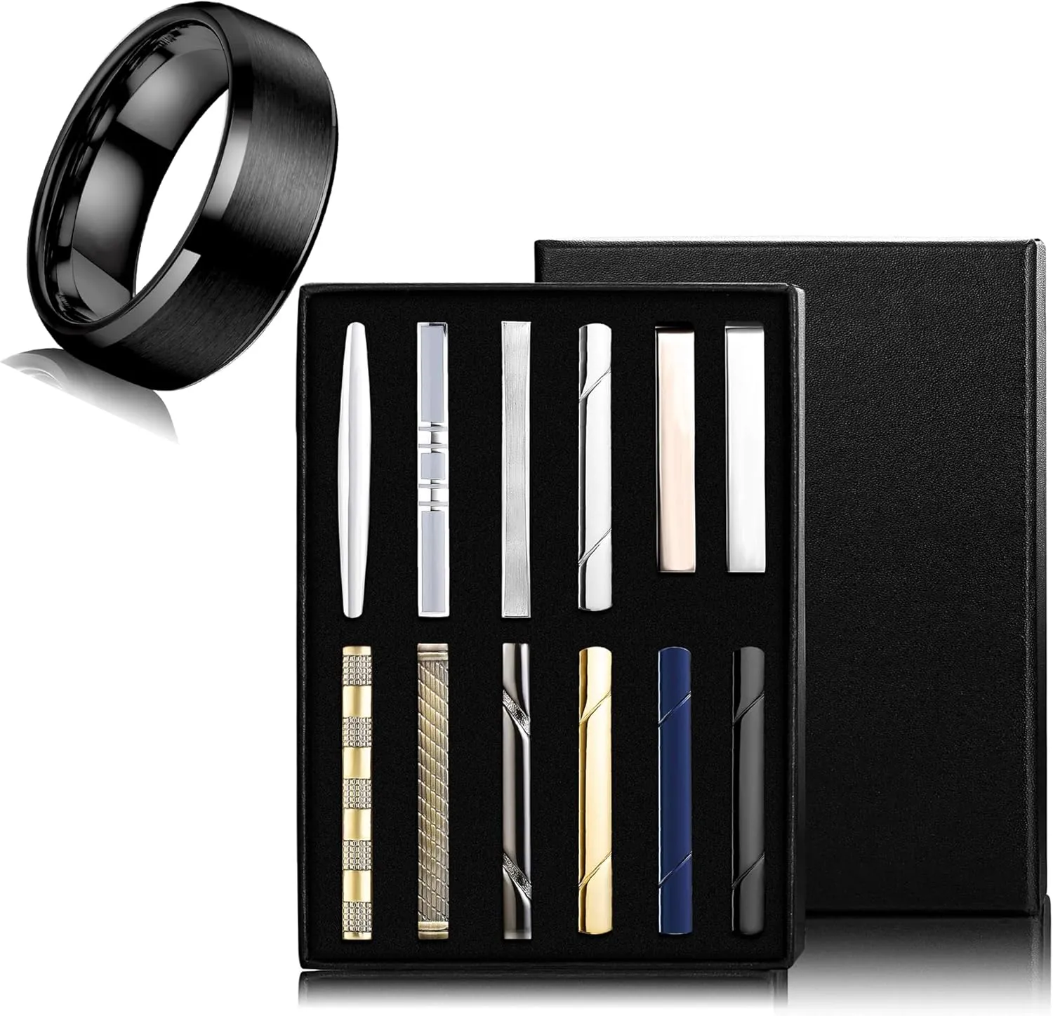 Jstyle Men's Ring and Tie Clips Set Black Size 12 Band Rings & Men Clip Set for Regular Ties Necktie Wedding Business