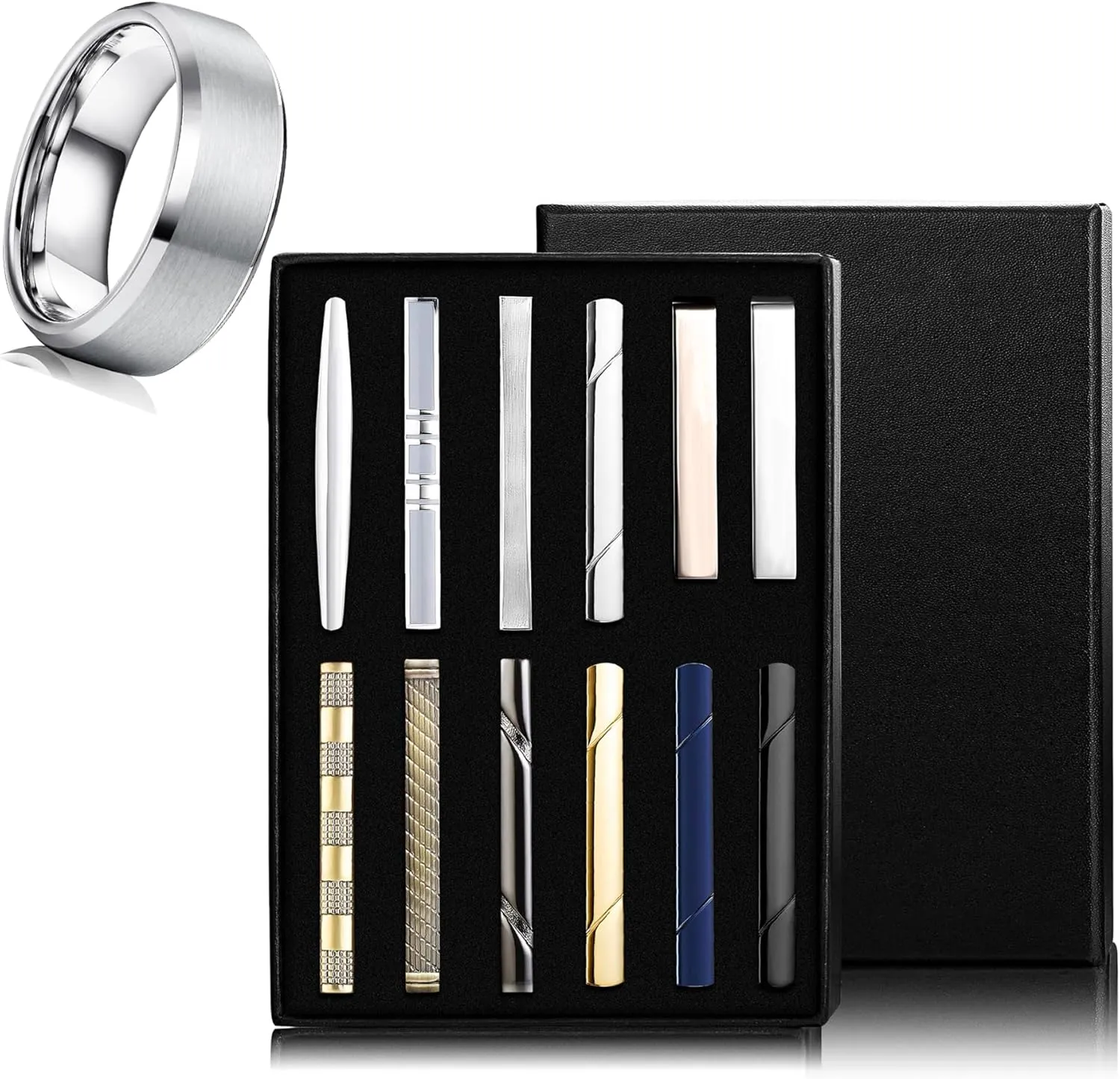 Jstyle Men's Ring and Tie Clips Set Silver Size 6.5 Band Rings & Men Clip Set for Regular Ties Necktie Wedding Business