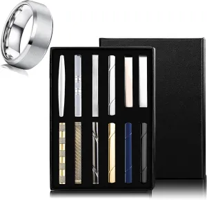 Jstyle Men's Ring and Tie Clips Set Silver Size 6.5 Band Rings & Men Clip Set for Regular Ties Necktie Wedding Business