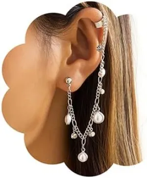 Jumwrit Pearl Ear Cuff Earrings Clip on Ear Cuff with Chain Beaded Dangle Drop Earrings Cartilage Ear Cuff Non Pierced Crawler Climber Earrings Wrap Cuff Earrings One Side Earrings for Women