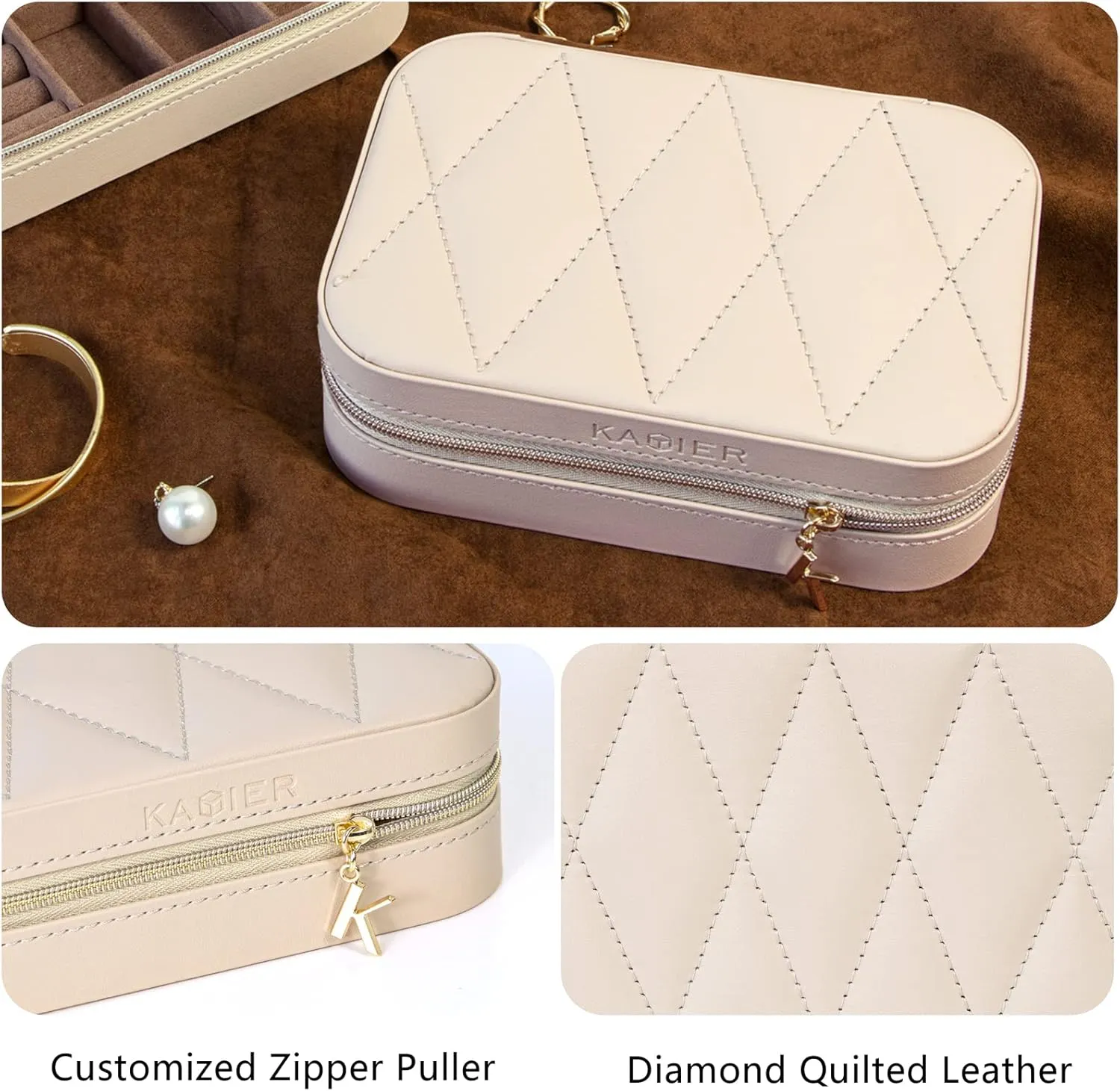 KAMIER Small Jewelry Boxes for Women | PU Leather Jewelry Organizer Box for Earrings, Ring, Necklaces | Cute Jewelry Box for Women Men Girls(Beige)