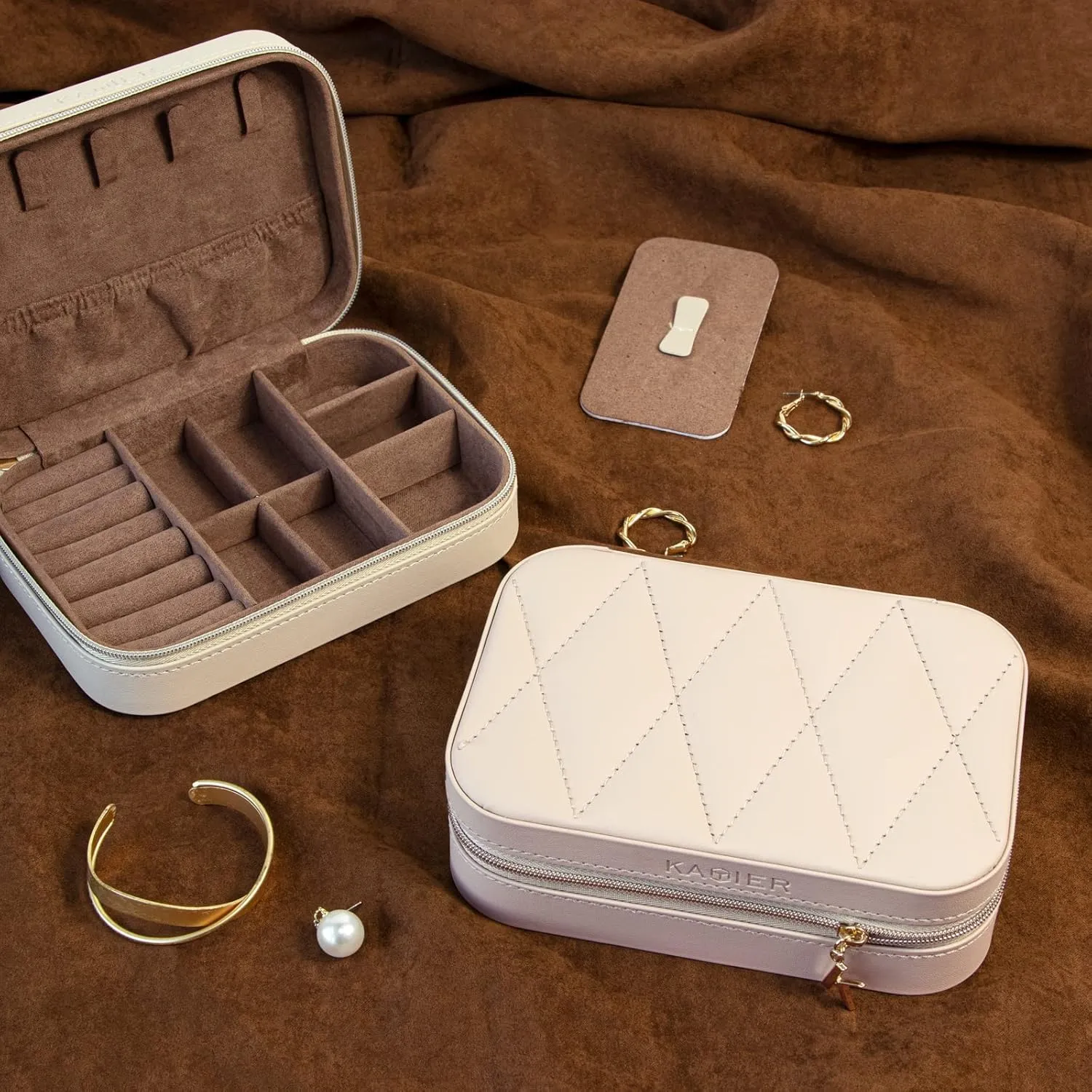 KAMIER Small Jewelry Boxes for Women | PU Leather Jewelry Organizer Box for Earrings, Ring, Necklaces | Cute Jewelry Box for Women Men Girls(Beige)