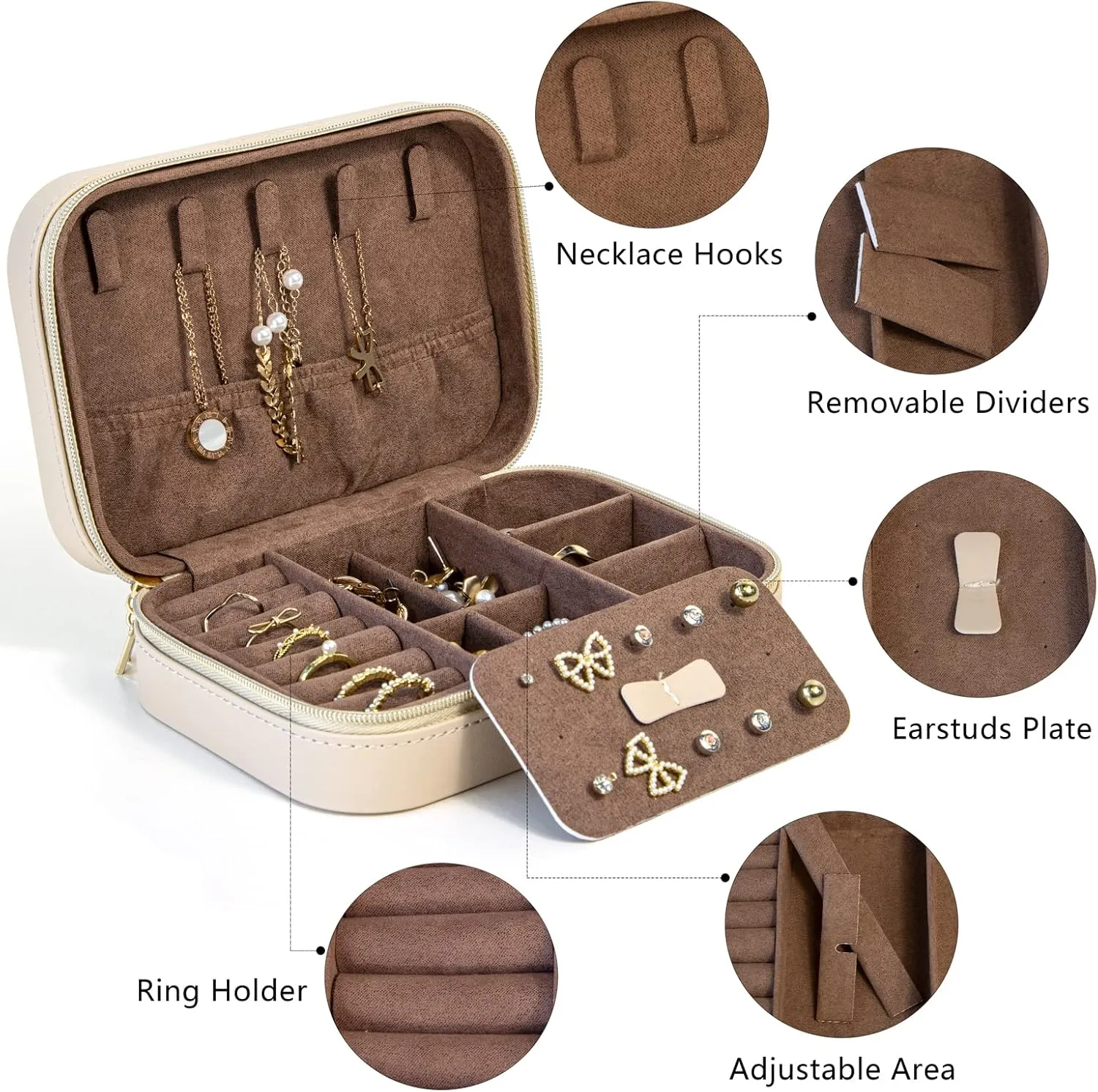 KAMIER Small Jewelry Boxes for Women | PU Leather Jewelry Organizer Box for Earrings, Ring, Necklaces | Cute Jewelry Box for Women Men Girls(Beige)