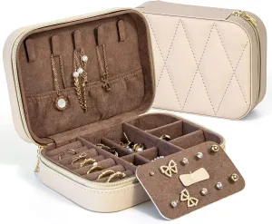 KAMIER Small Jewelry Boxes for Women | PU Leather Jewelry Organizer Box for Earrings, Ring, Necklaces | Cute Jewelry Box for Women Men Girls(Beige)