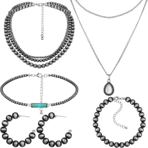 Kigeli 5 Pcs Pearl Jewelry Set Necklace Earring and Bracelets Vintage Multilayer Pearl Necklace Western Style Choker Silver Drop Pendant for Women Accessories