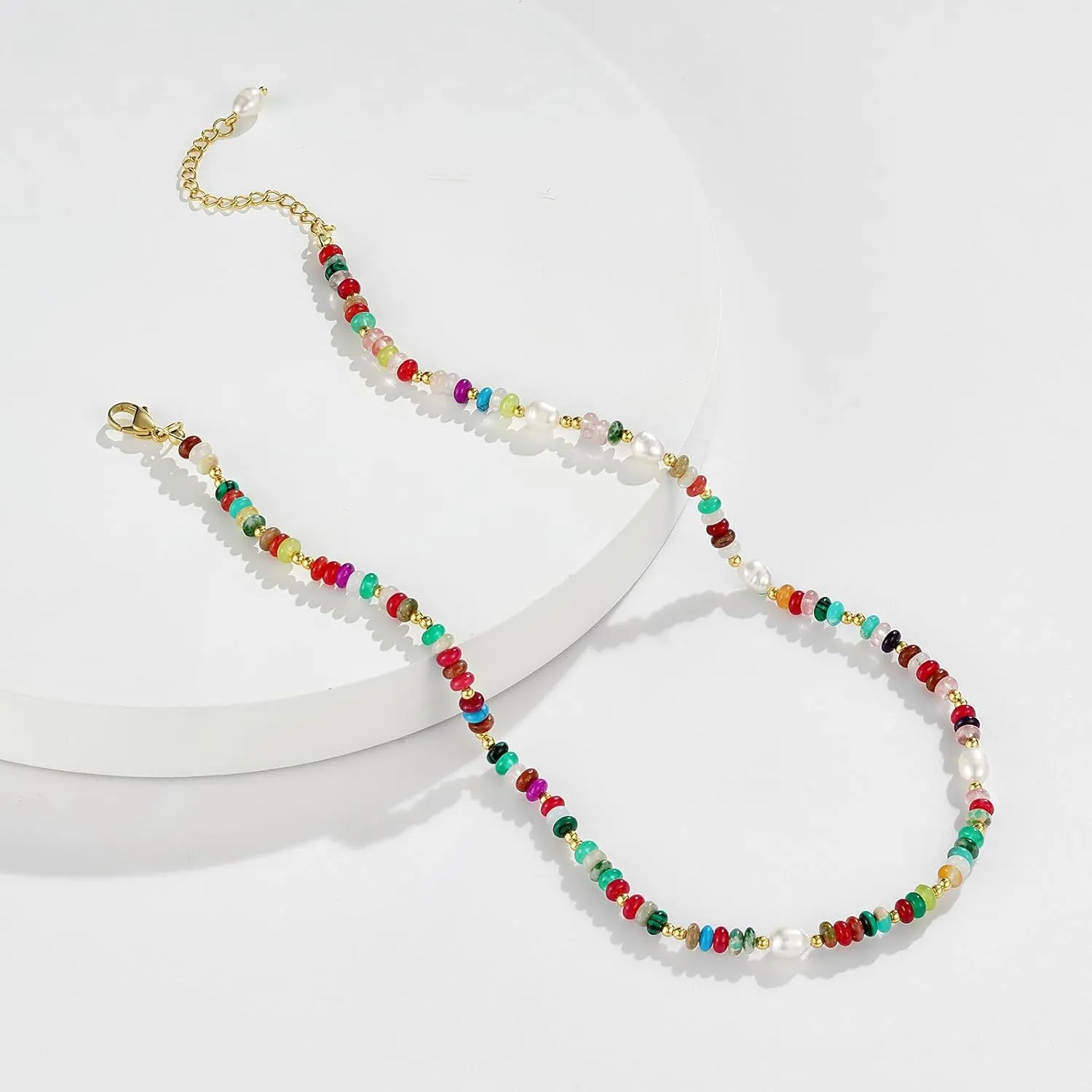 KissYan Beaded Choker Necklace for Women, Colorful Natural Gemstones Pearl Choker 14K Gold Plated Pendant Healing Crystal Necklace Handmade Stone Jewelry Gift