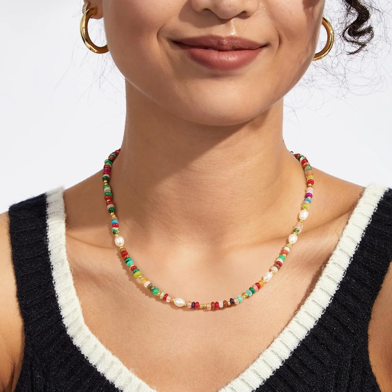 KissYan Beaded Choker Necklace for Women, Colorful Natural Gemstones Pearl Choker 14K Gold Plated Pendant Healing Crystal Necklace Handmade Stone Jewelry Gift
