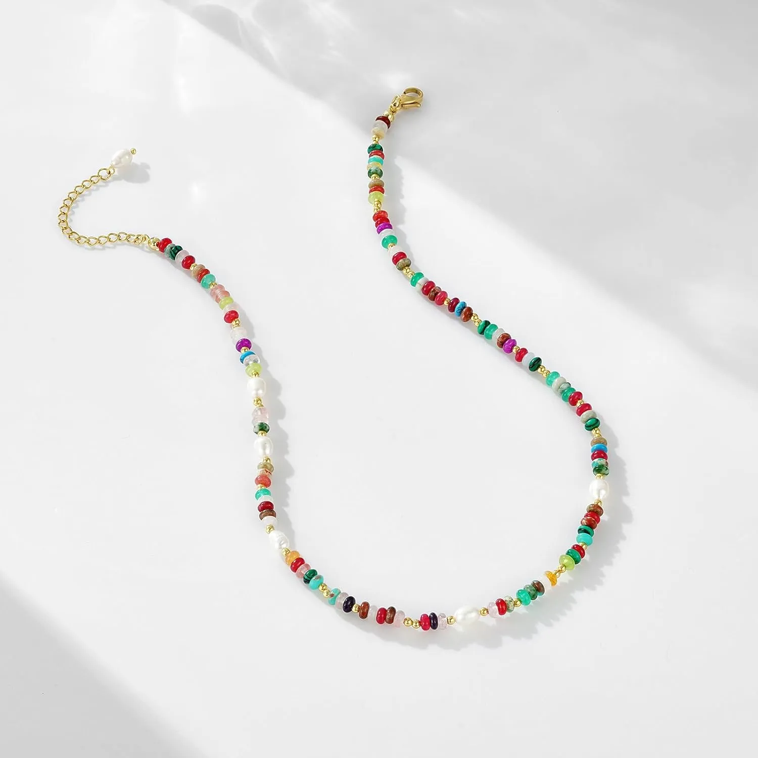 KissYan Beaded Choker Necklace for Women, Colorful Natural Gemstones Pearl Choker 14K Gold Plated Pendant Healing Crystal Necklace Handmade Stone Jewelry Gift