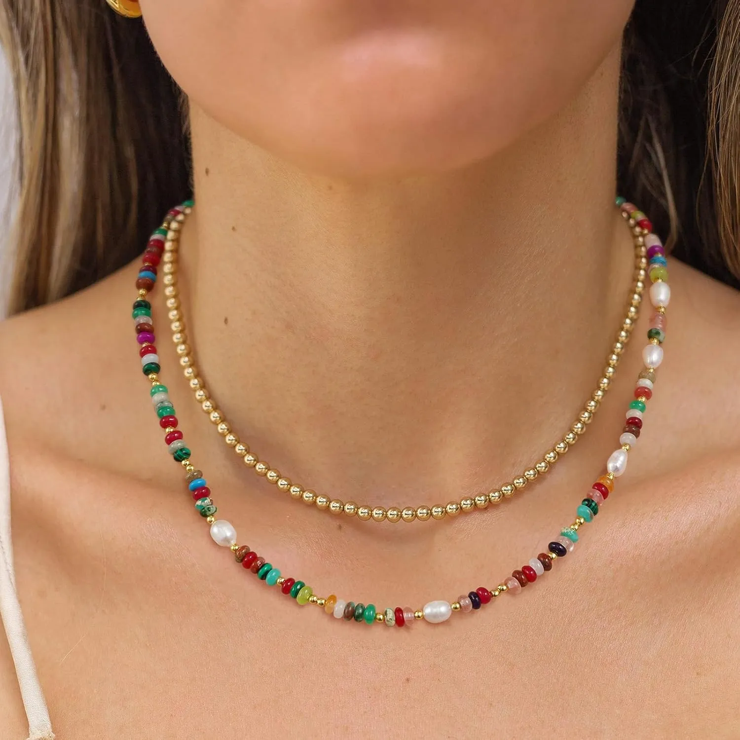 KissYan Beaded Choker Necklace for Women, Colorful Natural Gemstones Pearl Choker 14K Gold Plated Pendant Healing Crystal Necklace Handmade Stone Jewelry Gift