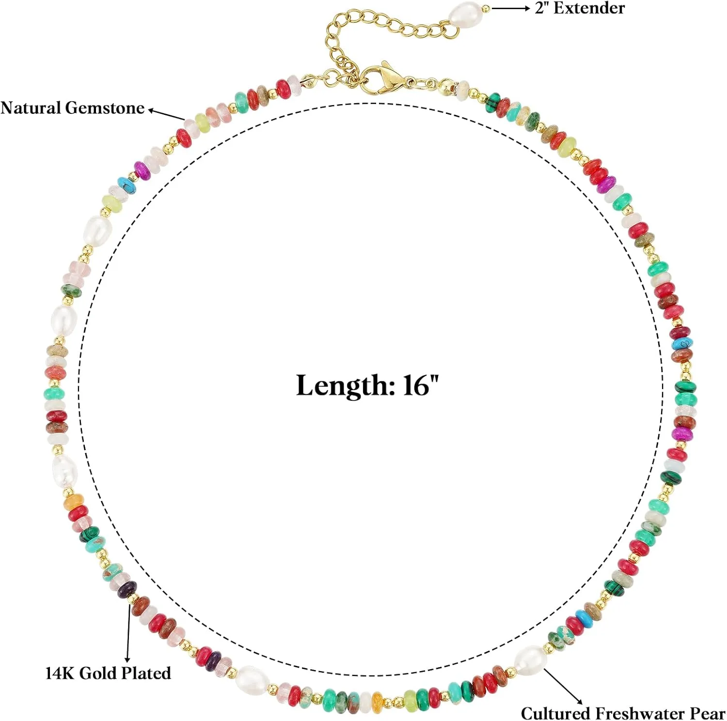 KissYan Beaded Choker Necklace for Women, Colorful Natural Gemstones Pearl Choker 14K Gold Plated Pendant Healing Crystal Necklace Handmade Stone Jewelry Gift