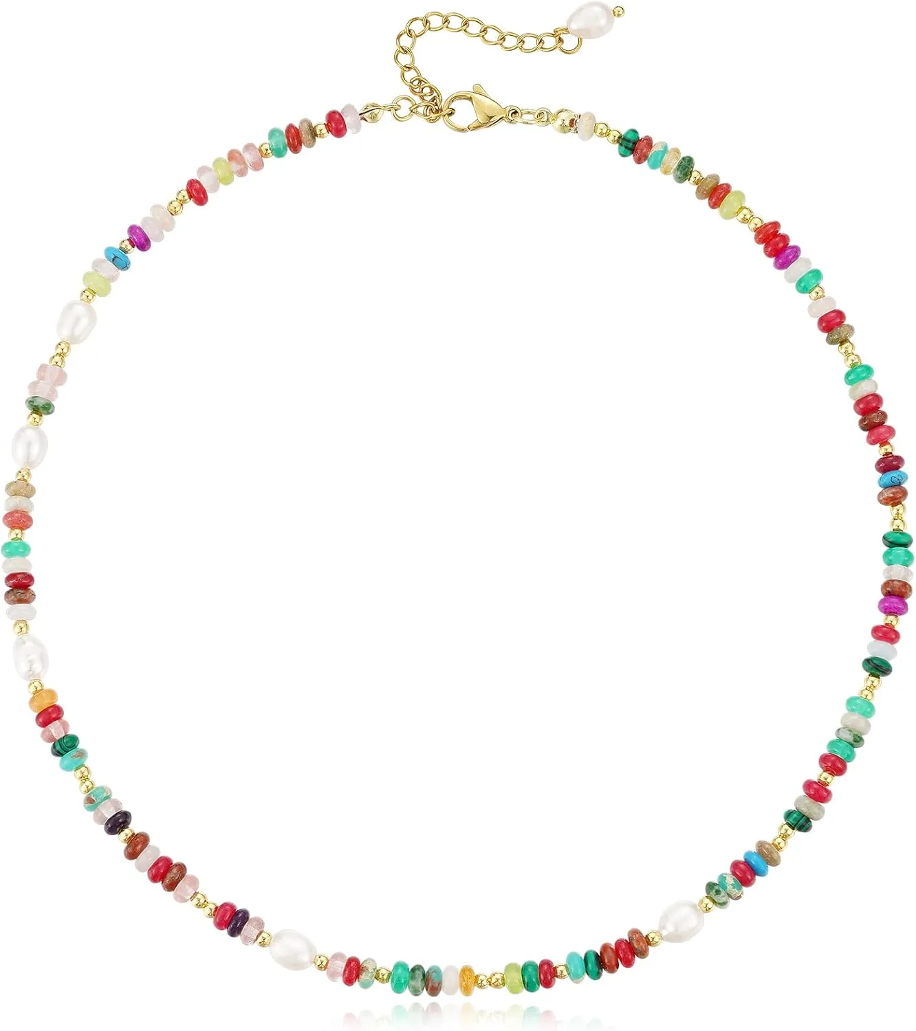 KissYan Beaded Choker Necklace for Women, Colorful Natural Gemstones Pearl Choker 14K Gold Plated Pendant Healing Crystal Necklace Handmade Stone Jewelry Gift