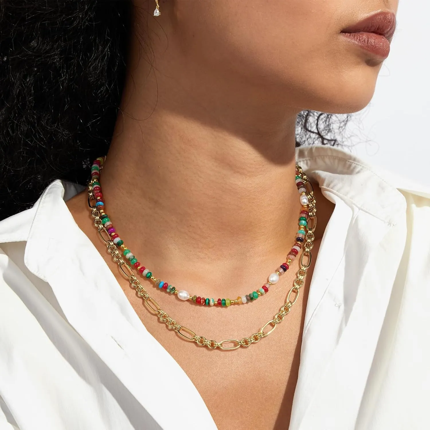 KissYan Beaded Choker Necklace for Women, Colorful Natural Gemstones Pearl Choker 14K Gold Plated Pendant Healing Crystal Necklace Handmade Stone Jewelry Gift