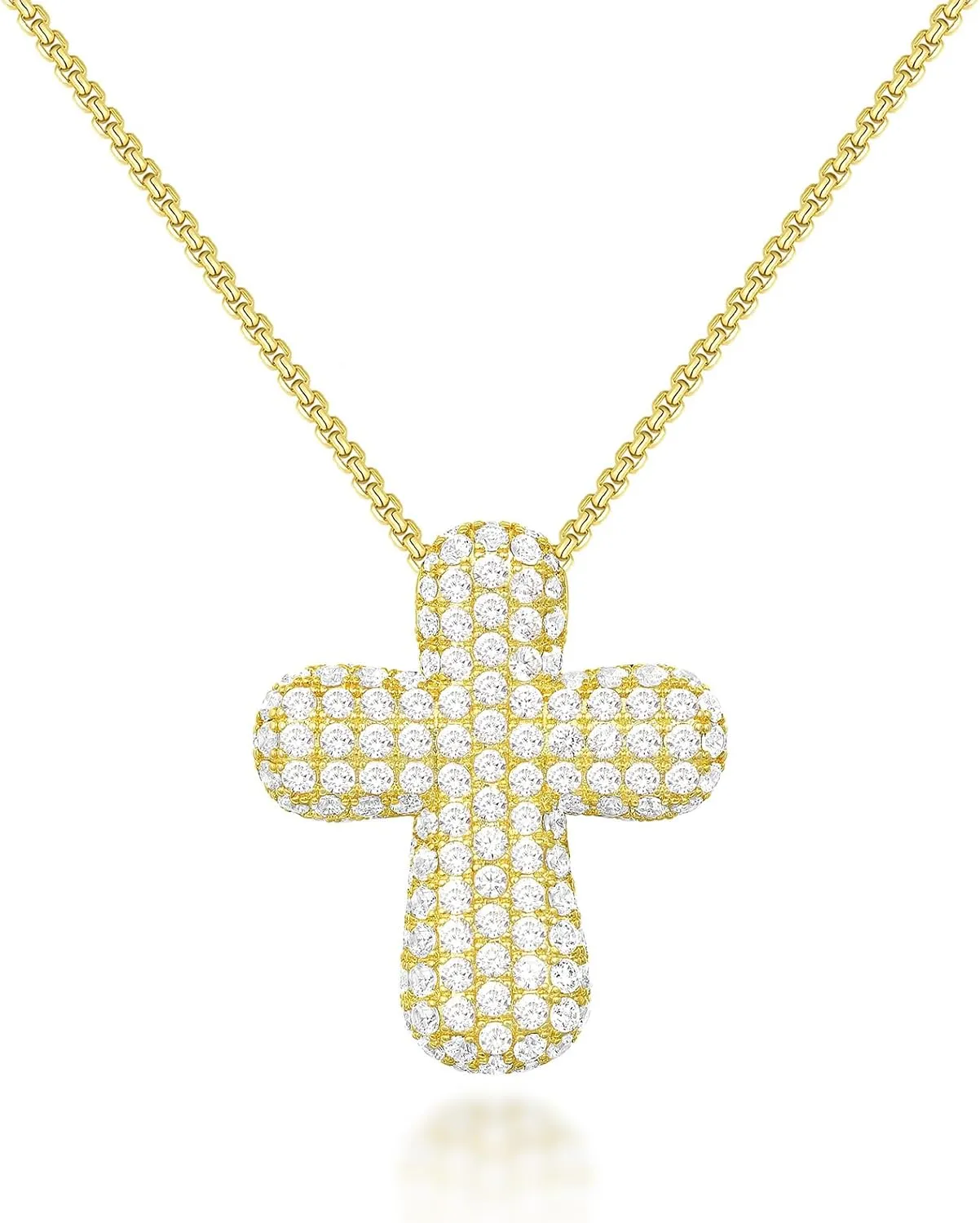 KissYan Bubble Cross Necklace for Women, 14K Gold Plated Cubic Zirconia Cross Pendant Necklaces Simple Trendy Faith Jewelry Gifts