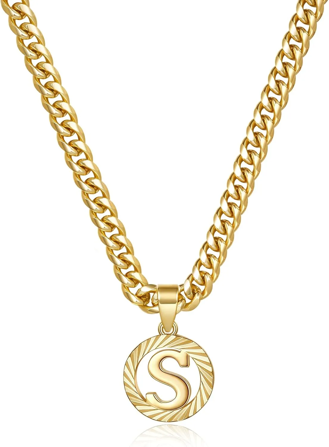 KissYan Gold Initial Necklace,14K Gold Plated Round Letter Pendant Hollow Capital Monogram 5mm Cuban Chain Necklace Alhpabets from A-Z Dainty Jewelry for Women Men