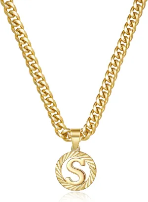 KissYan Gold Initial Necklace,14K Gold Plated Round Letter Pendant Hollow Capital Monogram 5mm Cuban Chain Necklace Alhpabets from A-Z Dainty Jewelry for Women Men