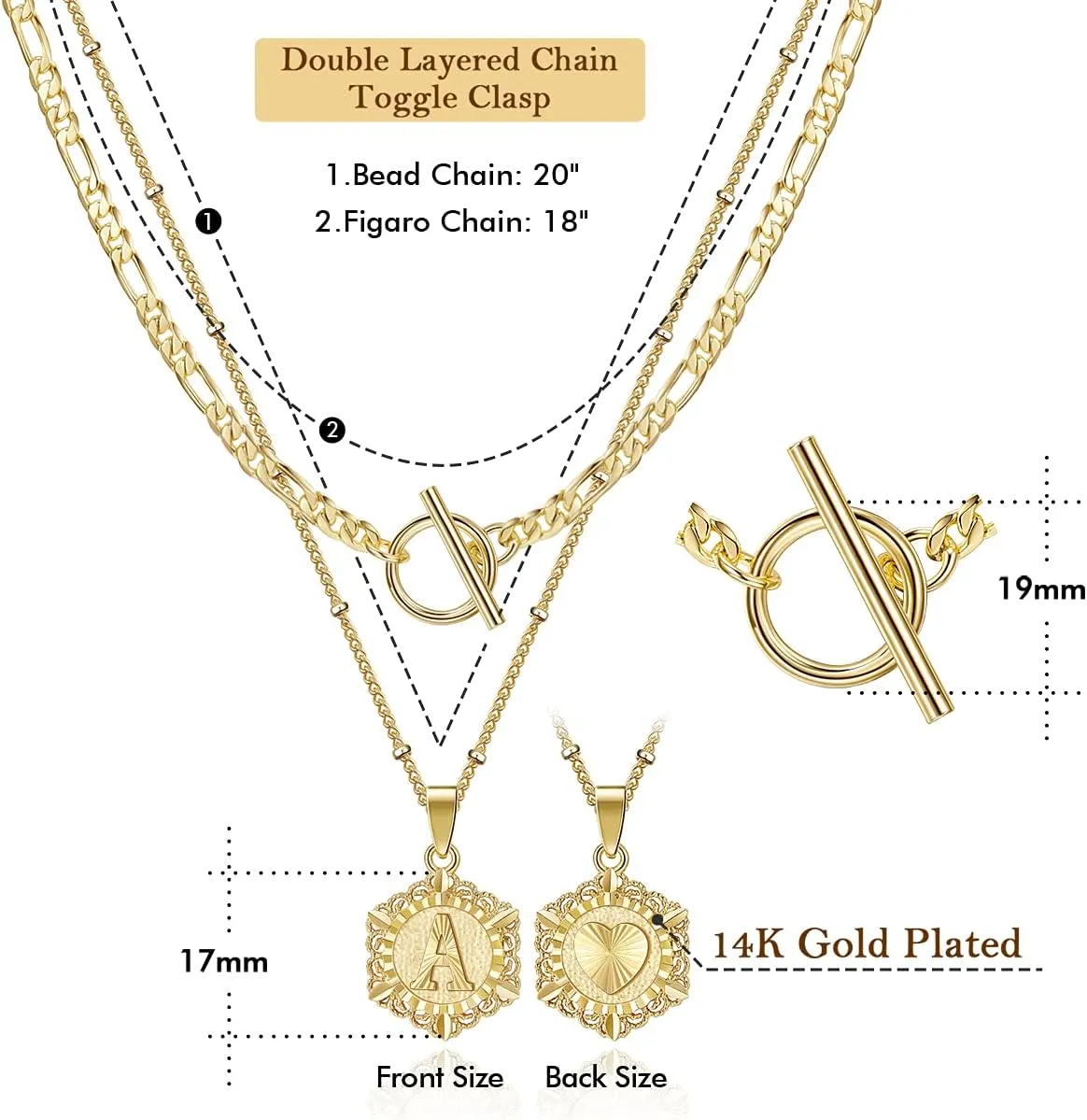 KissYan Gold Layered Initial Necklace for Women, 14K Gold Plated Hexagon Letter Necklace Capital Monogram Pendant Toggle Clasp Layering Figaro Bead Chain Necklace