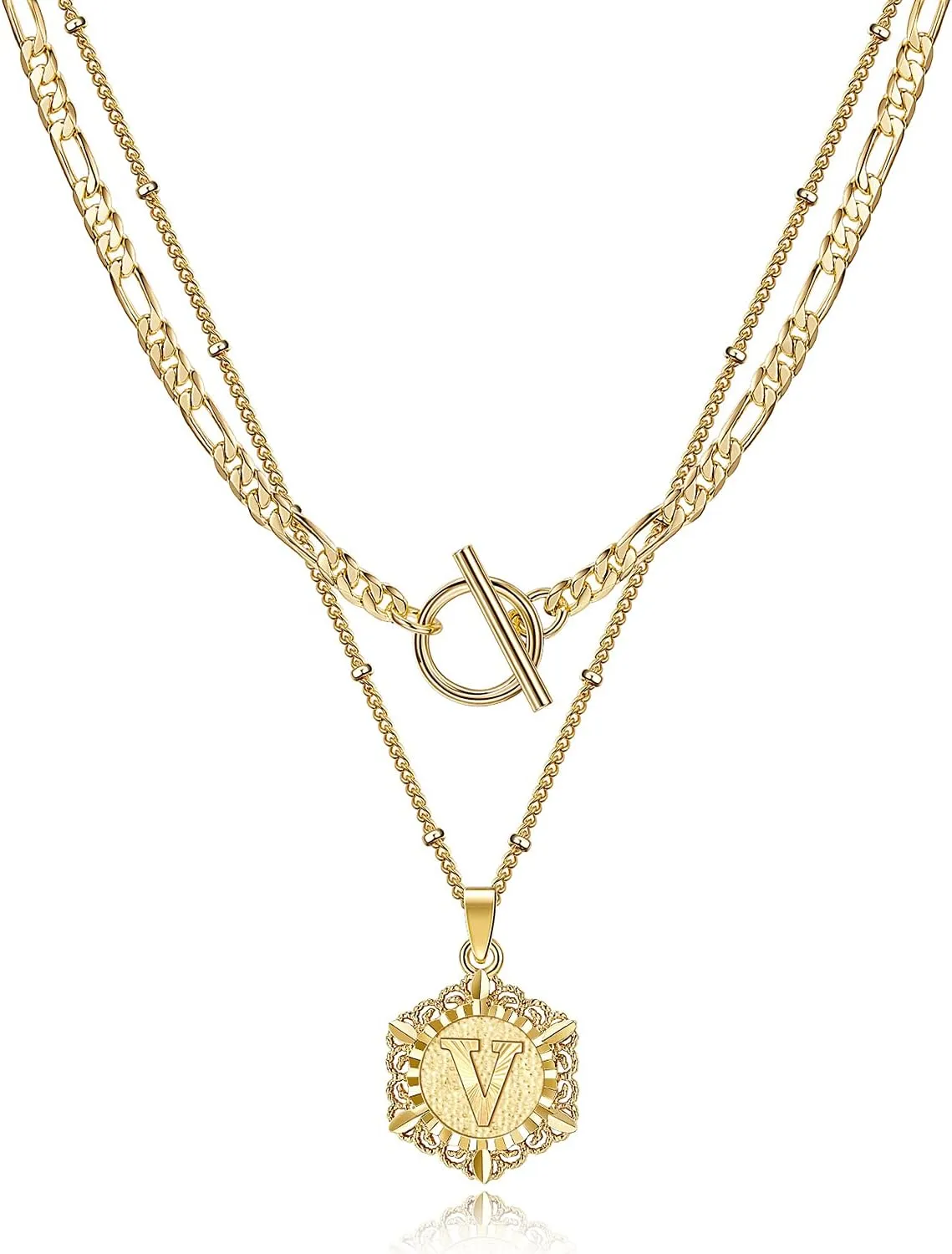 KissYan Gold Layered Initial Necklace for Women, 14K Gold Plated Hexagon Letter Necklace Capital Monogram Pendant Toggle Clasp Layering Figaro Bead Chain Necklace