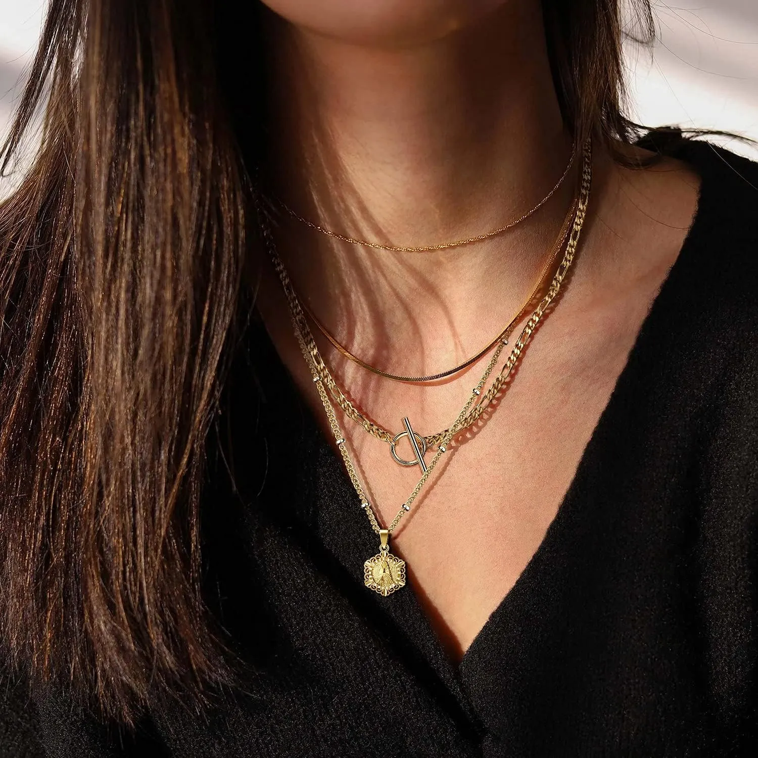 KissYan Gold Layered Initial Necklace for Women, 14K Gold Plated Hexagon Letter Necklace Capital Monogram Pendant Toggle Clasp Layering Figaro Bead Chain Necklace