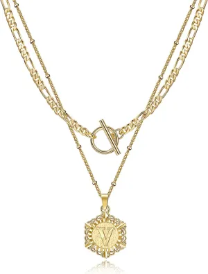 KissYan Gold Layered Initial Necklace for Women, 14K Gold Plated Hexagon Letter Necklace Capital Monogram Pendant Toggle Clasp Layering Figaro Bead Chain Necklace