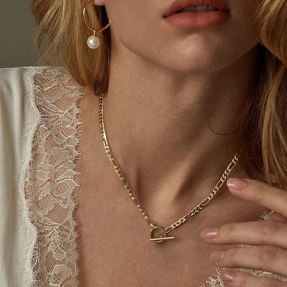 KissYan Gold Layered Initial Necklace for Women, 14K Gold Plated Hexagon Letter Necklace Capital Monogram Pendant Toggle Clasp Layering Figaro Bead Chain Necklace